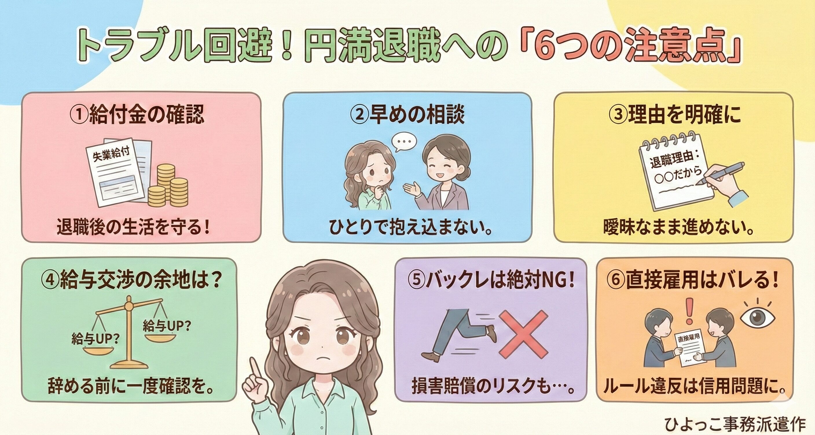 キャリアウィンクを円満退職するための6つの注意点をまとめた図解リスト。中央下で女性キャラクターが注意を促すポーズをとっています。上段は「①給付金の確認」「②早めの相談」「③理由を明確に」、下段は「④給与交渉の余地は?」「⑤バックレは絶対NG!」「⑥直接雇用はバレる!」