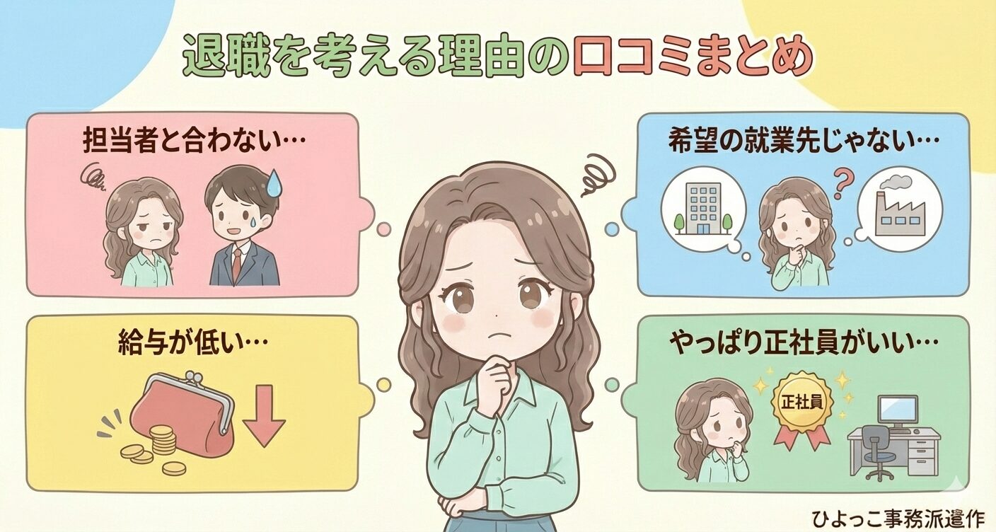 キャリアウィンクの退職を考える理由の口コミをまとめた図解イラスト。中央で悩む女性の周囲に、4つの主な理由がイラスト付きの吹き出しで表現されています。「担当者と合わない…(困った表情の女性と担当者)」「希望の就業先じゃない…(オフィスと工場の比較)」「給与が低い…(空の財布と下向き矢印)」「やっぱり正社員がいい…(正社員バッジとデスクへの憧れ)」